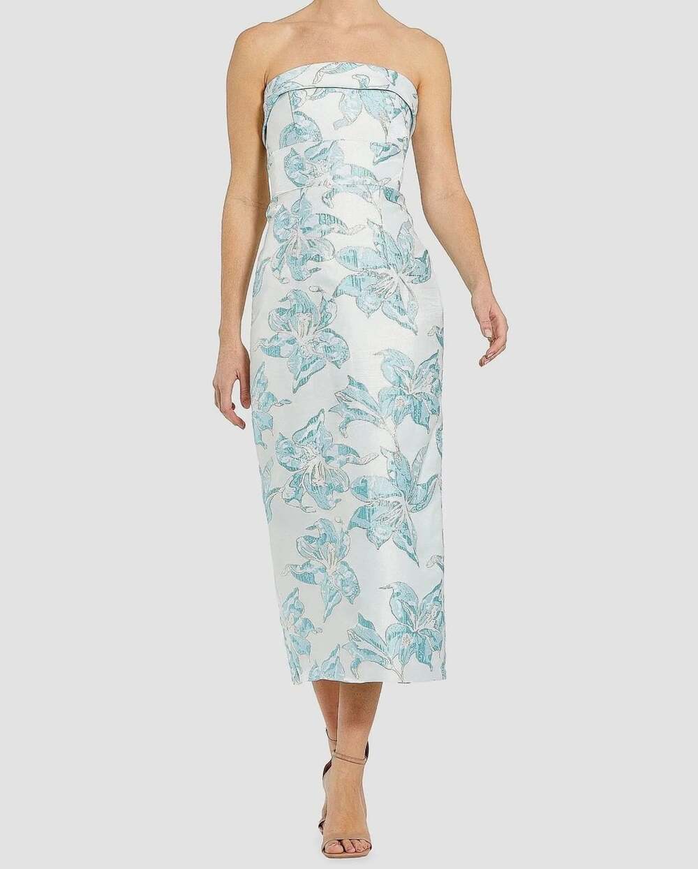 Mac Duggal Brocade Strapless Column Midi Dress